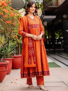 Neel Noor Ethnic Motifs Printed Angrakha Pure Cotton Anarkali Set with Dupatta