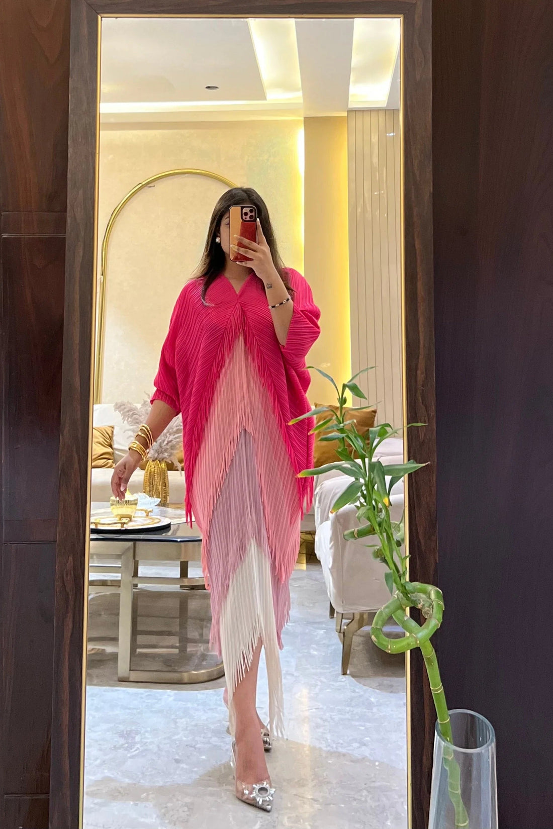 Abigal Ombre Pink Pleated Fringe Dress
