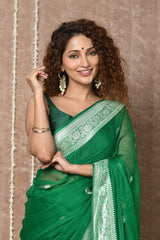 Dark Green Handloom Khaddi Georgette Saree With Sleek Border