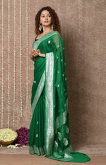 Dark Green Handloom Khaddi Georgette Saree With Sleek Border