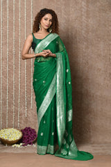 Dark Green Handloom Khaddi Georgette Saree With Sleek Border