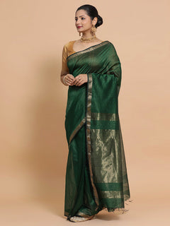 Dark Green Maheshwari Silk Cotton Saree