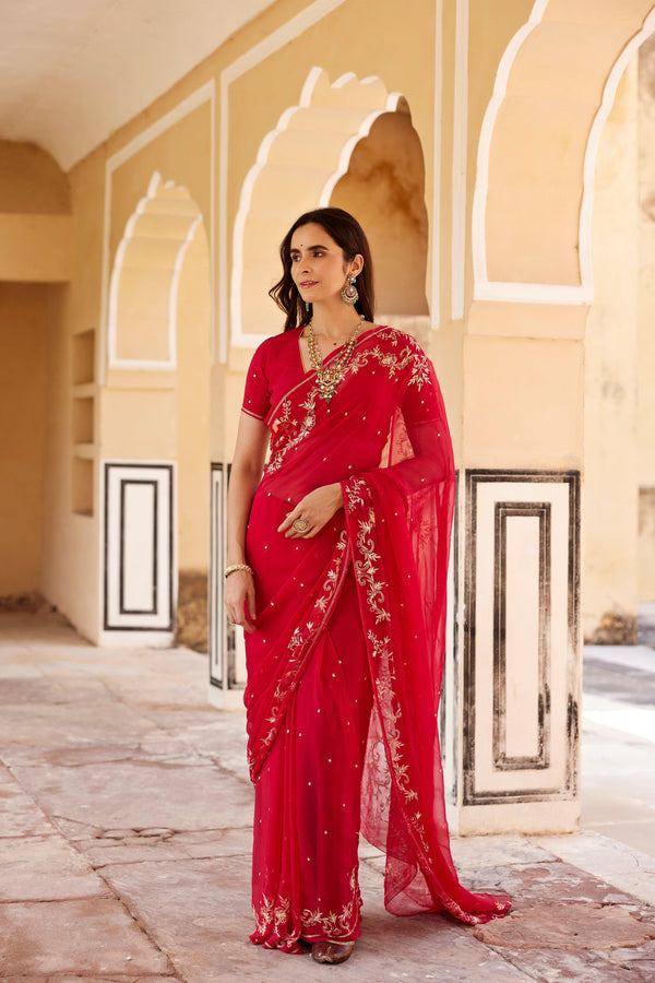 Dark Pink Hand Embroidered Aari Zardozi Chiffon Saree