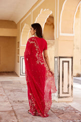 Dark Pink Hand Embroidered Aari Zardozi Chiffon Saree