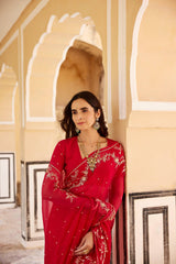 Dark Pink Hand Embroidered Aari Zardozi Chiffon Saree