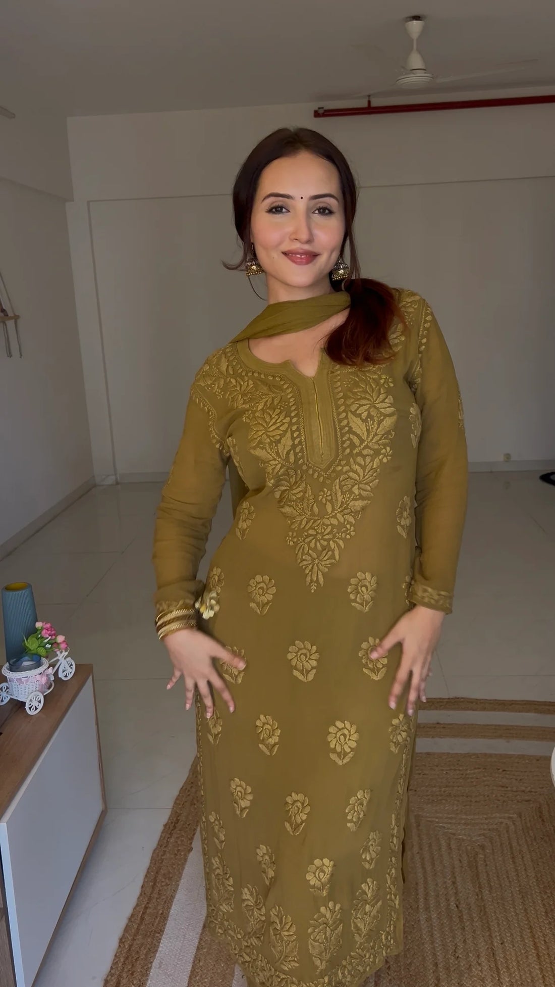 Mocha Blossom Viscose Georgette Straight Chikankari Kurta Set