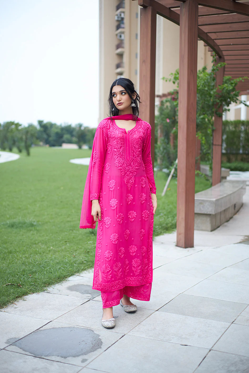Mocha Blossom Viscose Georgette Straight Chikankari Kurta Set