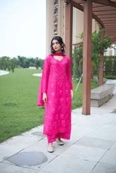 Mocha Blossom Viscose Georgette Straight Chikankari Kurta Set