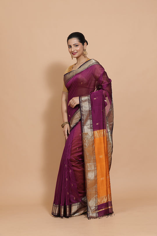 Deep Purple Maheshwari Cotton Silk Saree