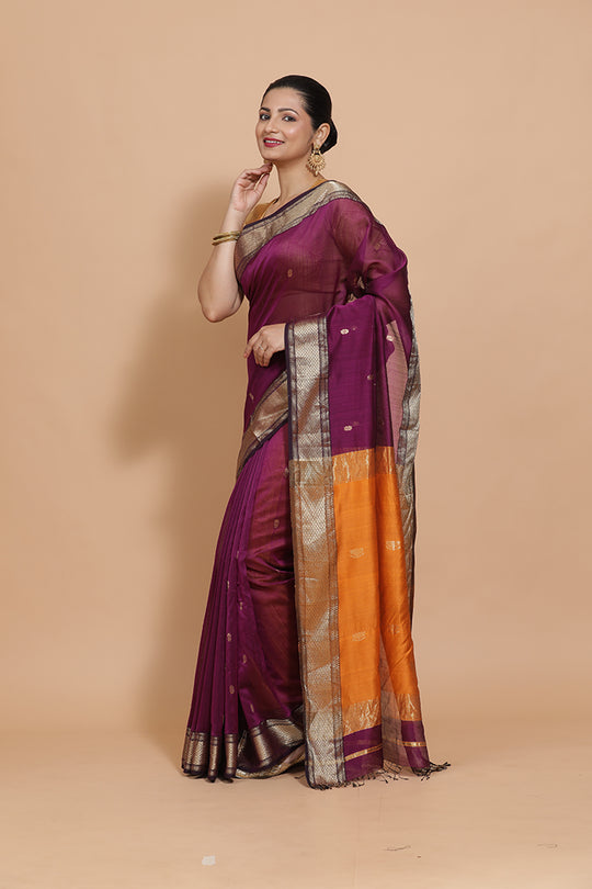 Deep Purple Maheshwari Cotton Silk Saree