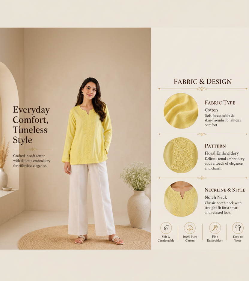Lemon Yellow Modal Cotton Chikankari Short Kurta
