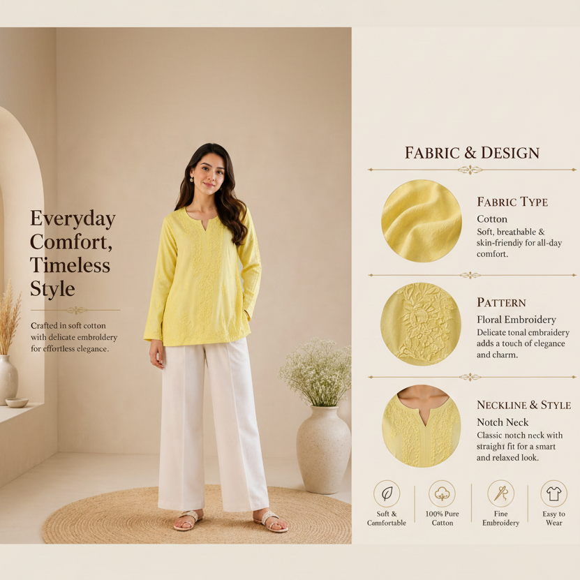 Lemon Yellow Modal Cotton Chikankari Short Kurta