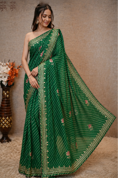 Rani Pink Leheriya Saree with Handcrafted Kacchi Gota Patti Work