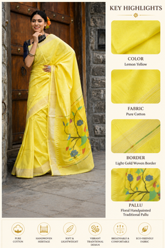 Pure Cotton Handloom Paithani Saree Lemon Yellow Designer Edition