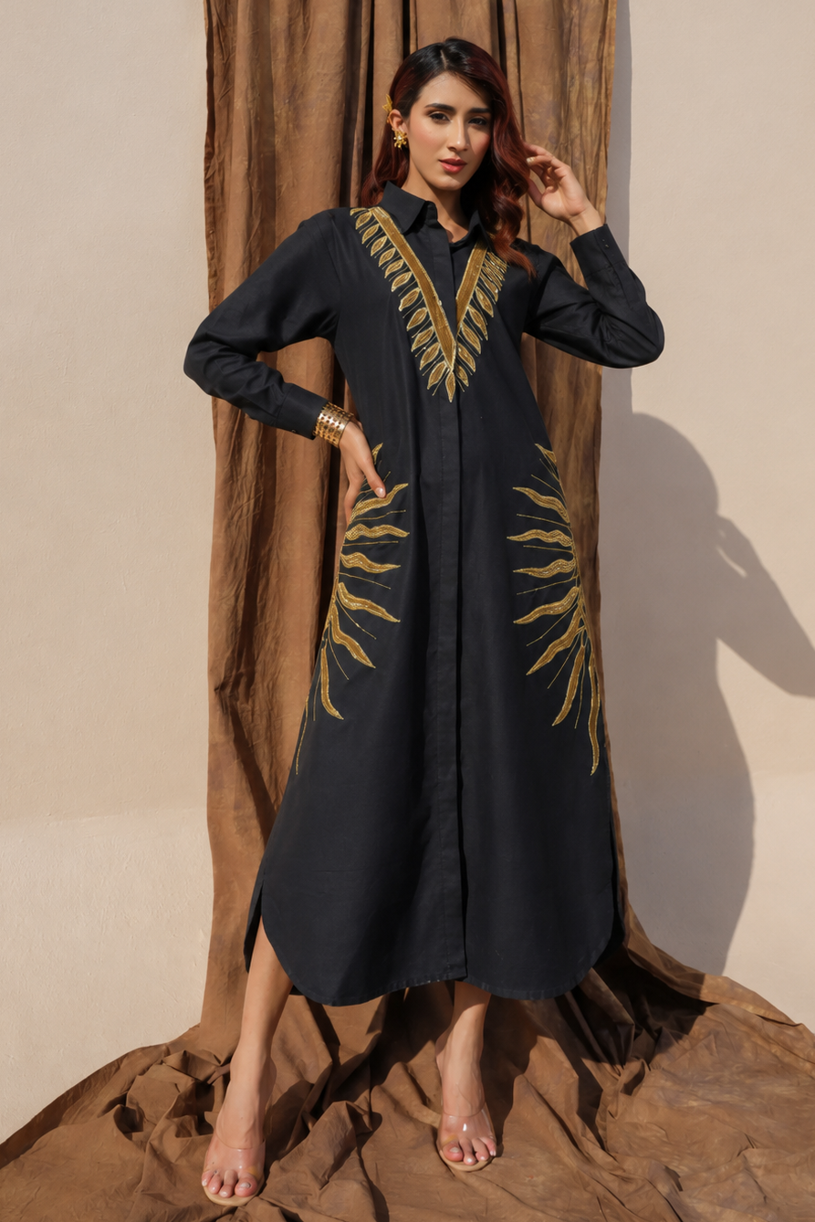Black Cotton Shirt Dress with Luxe Gold Leaf Embroidery