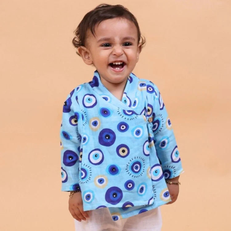 Evil Eye Blue Muslin Full Sleeves Angrakha Set