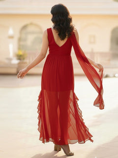 Crimson Whisper Chiffon Ruffle High-Low Dress for Women