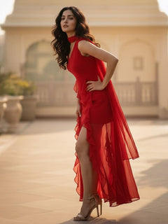 Crimson Whisper Chiffon Ruffle High-Low Dress for Women