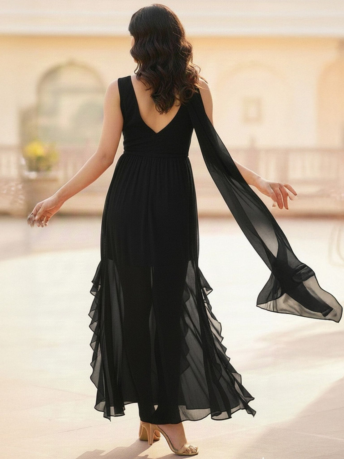 Crimson Whisper Chiffon Ruffle High-Low Dress for Women