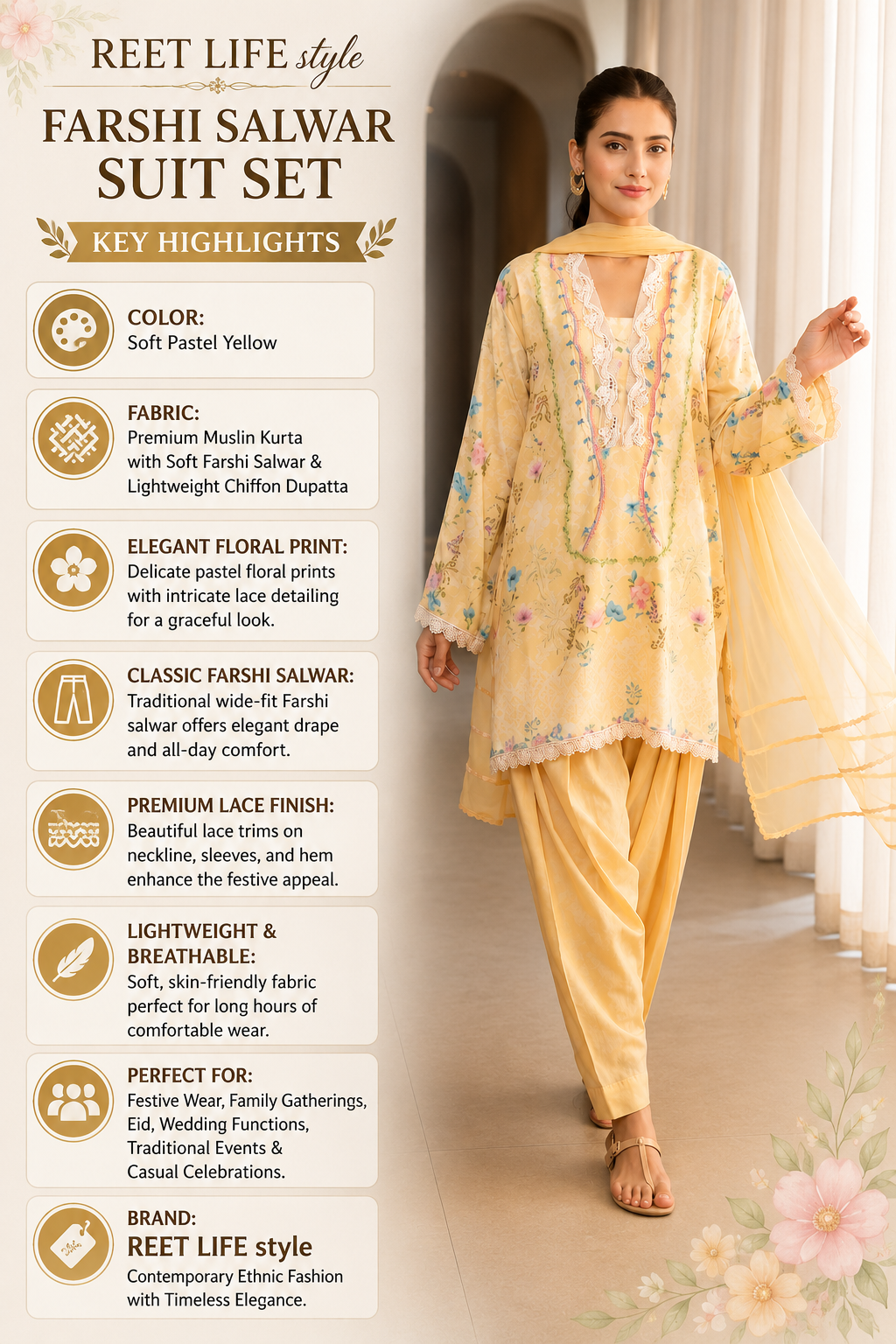 Women's Yellow Floral Muslin Farshi Salwar Suit Set