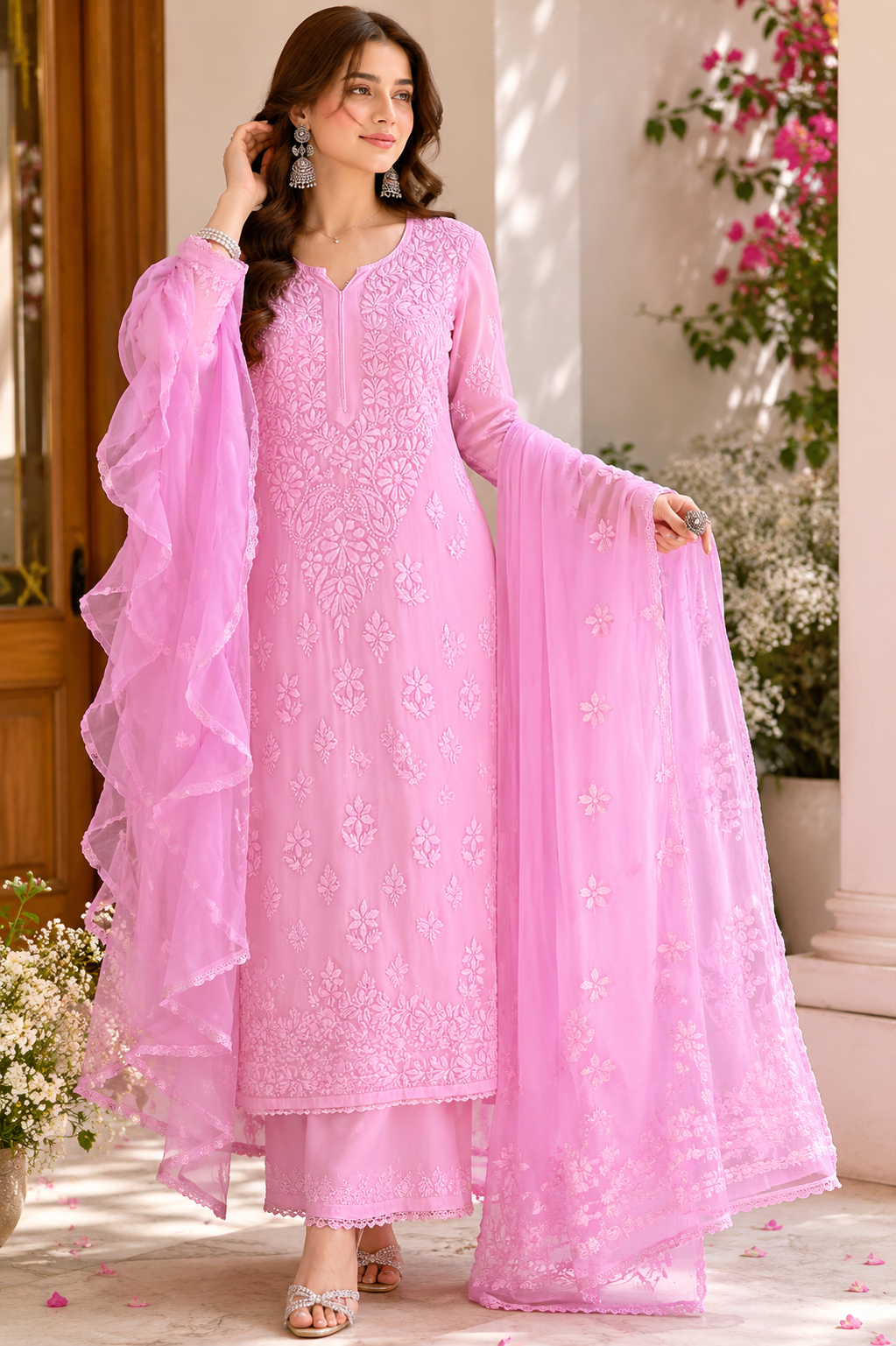 Rosé Noor Chikankari Viscose/Georgette 3-Piece Suit Set