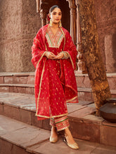 Chanderi Red Kurta with Pants Block Print