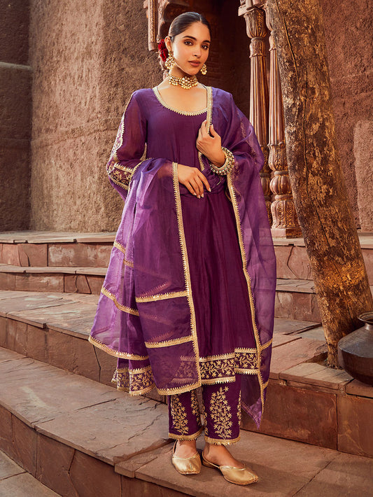 Purple Embroidered Viscose Dupatta