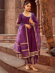 Purple Embroidered Viscose Dupatta
