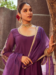 Purple Embroidered Viscose Dupatta