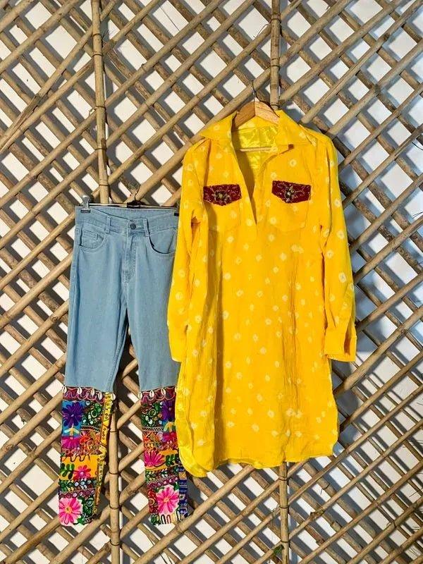 Bandhani Kurta with Jeans Fusion Set