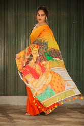 Fluttering Charm Yellow Orange Mul Mul Printed Saree