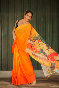 Fluttering Charm Yellow Orange Mul Mul Printed Saree