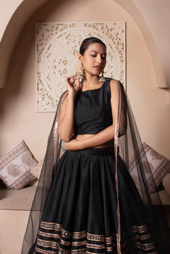 Black Gota Patti Cotton Silk Lehenga With Net Dupatta