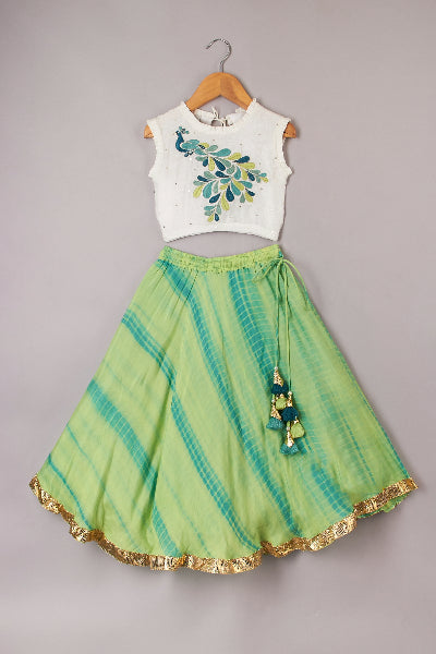 Girls Peacock Sequin Top & Shibori Lehenga Set