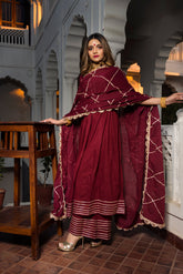 Gotta Jaal Maroon Cotton Anarkali Set with Work Dupatta