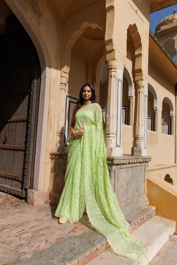 Green Chiffon Hand Embroidered Gota Saree