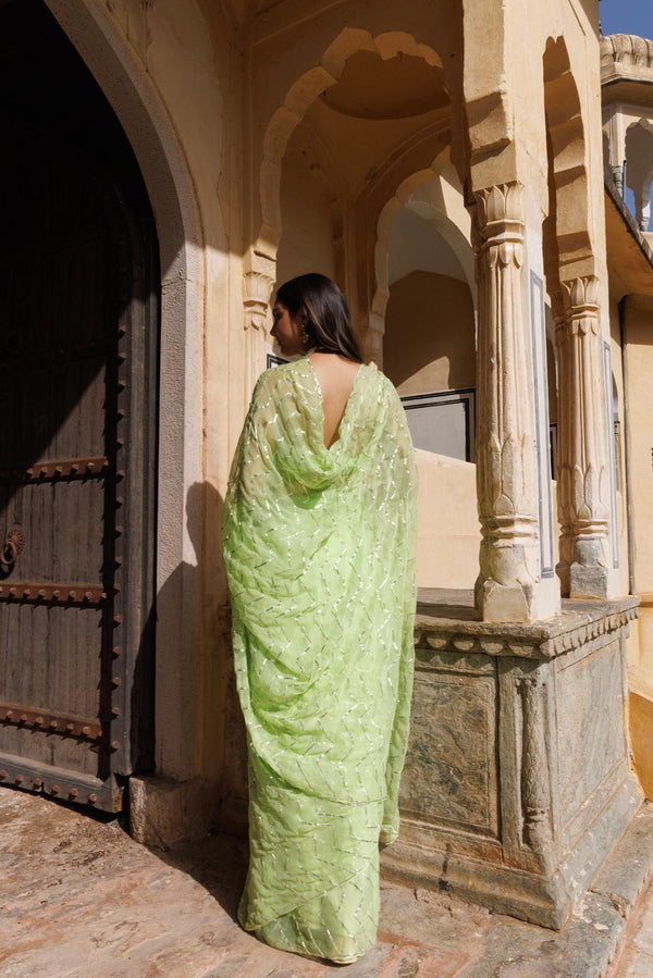 Green Chiffon Hand Embroidered Gota Saree