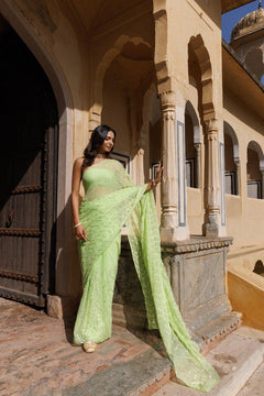 Green Chiffon Hand Embroidered Gota Saree
