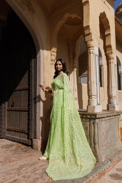Green Chiffon Hand Embroidered Gota Saree