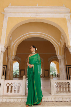 Green Hand Dyed Plain Chiffon Saree With Jacquard Blouse