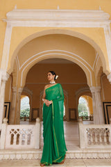 Green Hand Dyed Plain Chiffon Saree With Jacquard Blouse