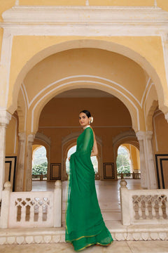 Green Hand Dyed Plain Chiffon Saree With Jacquard Blouse