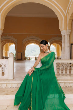 Green Hand Dyed Plain Chiffon Saree With Jacquard Blouse