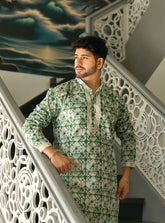 Green Linen Tie-Dye Men's Kurta with Neck Embroidery