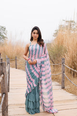 Green & Pink Ruffle Chiffon Saree