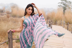 Green & Pink Ruffle Chiffon Saree Stitched Leheriya Chiffon Saree