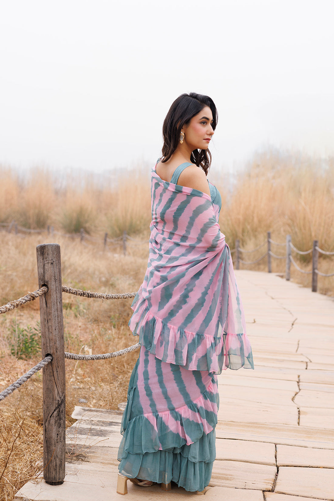 Green & Pink Ruffle Chiffon Saree Stitched Leheriya Chiffon Saree