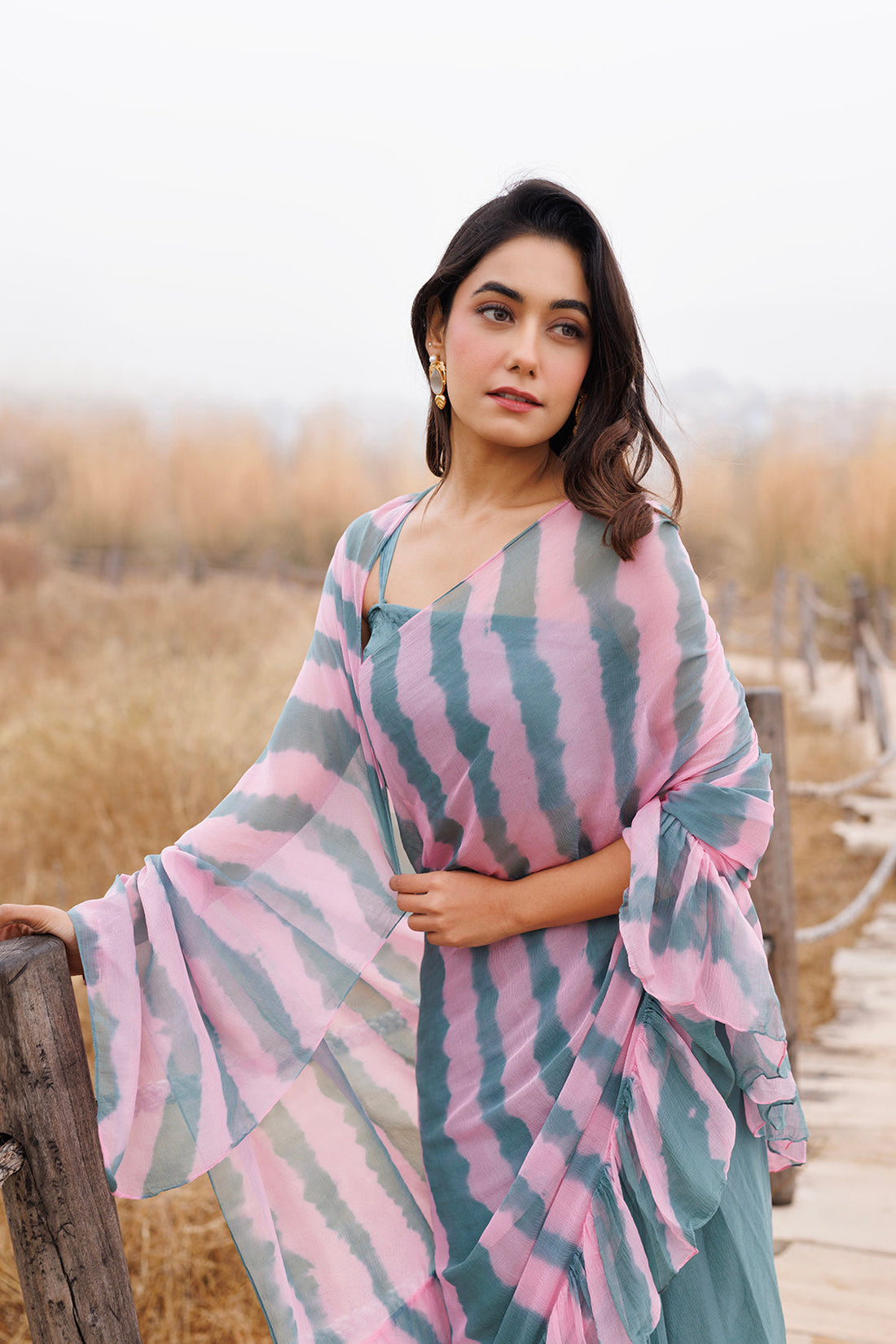 Green & Pink Ruffle Chiffon Saree Stitched Leheriya Chiffon Saree