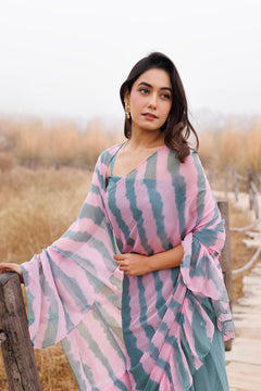 Green & Pink Ruffle Chiffon Saree Stitched Leheriya Chiffon Saree