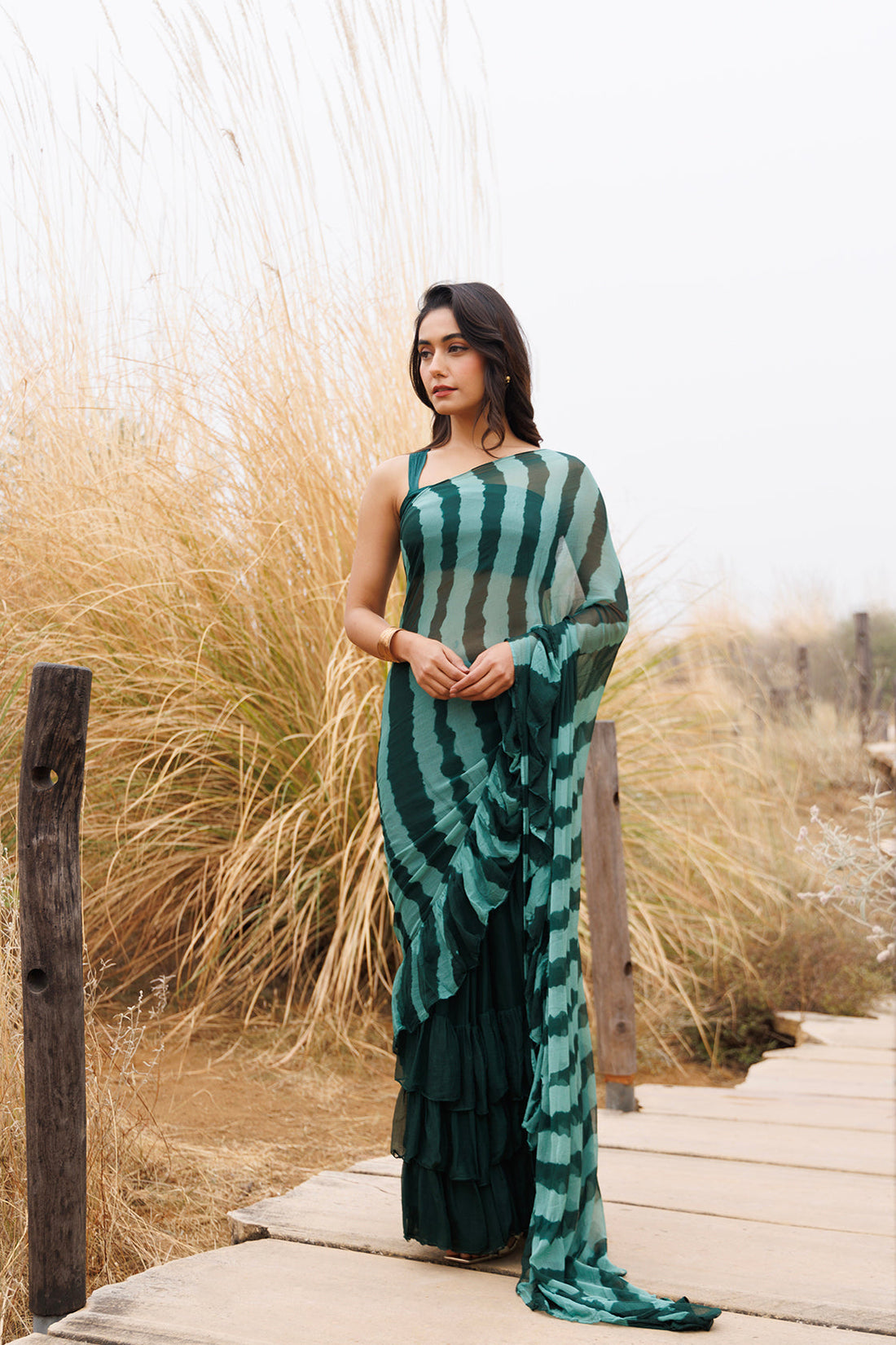 Green Ruffle Chiffon Saree Stitched Leheriya Chiffon Saree